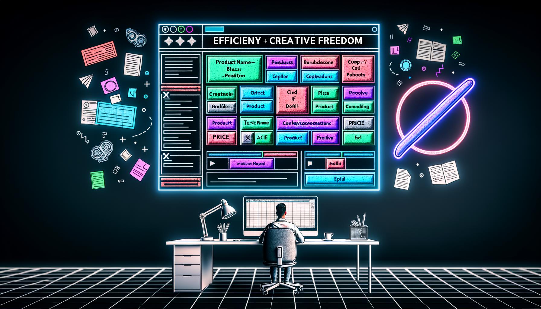 Redakteur sitzt im modernen Büro vor einem großen Monitor mit offenem Content Automation Editor inklusive Textbausteinen, Variablen, Logik und diversen Datenquellen. Im Hintergrund durchgestrichenes Copy-Paste- und Excel-Symbol.