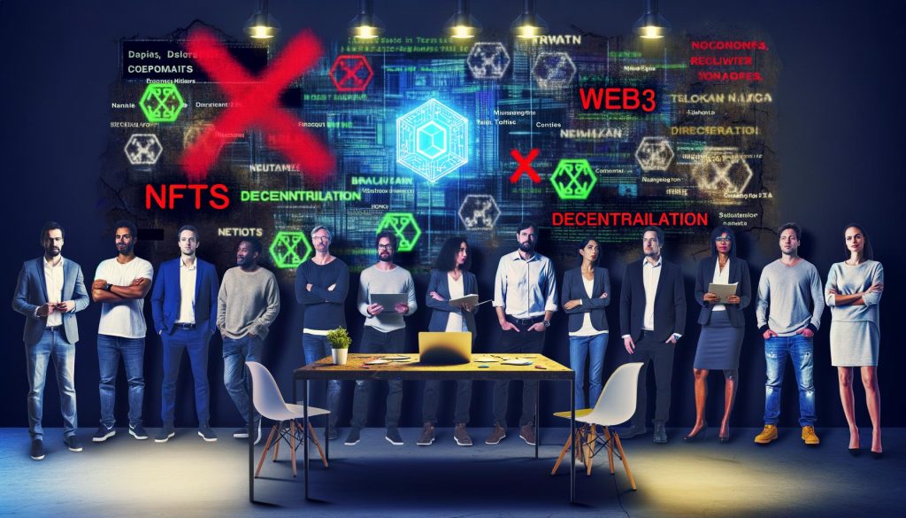 Gruppe vielfältiger Tech-Profis vor einer Wand mit durchgestrichenen Blockchain-Buzzwords, Entwickler schreibt Code mit projizierten Blockchain-Architekturdiagrammen