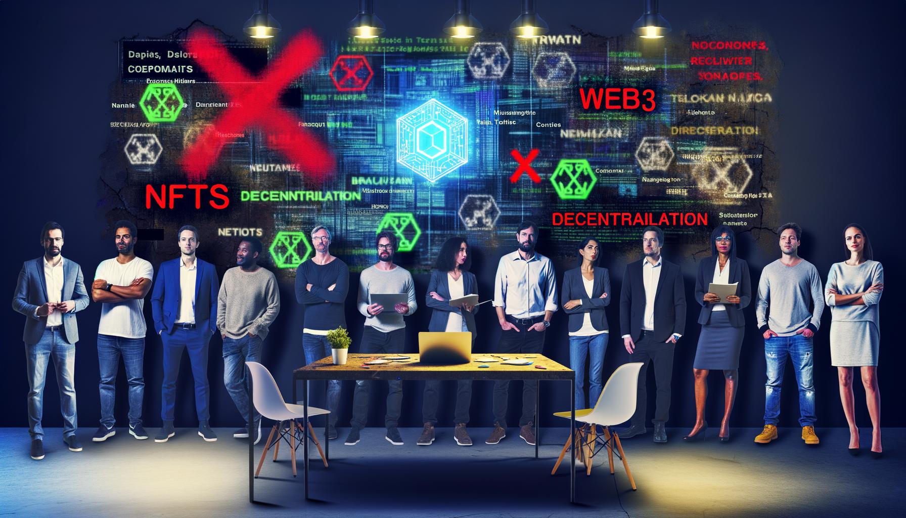 Gruppe vielfältiger Tech-Profis vor einer Wand mit durchgestrichenen Blockchain-Buzzwords, Entwickler schreibt Code mit projizierten Blockchain-Architekturdiagrammen