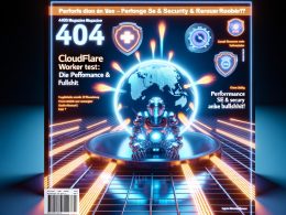 Cloudflare Worker als futuristischer Roboter an einem digitalen Terminal mit Datenströmen, Sicherheitsymbolen und SEO-Grafiken auf einem Magazin-Cover