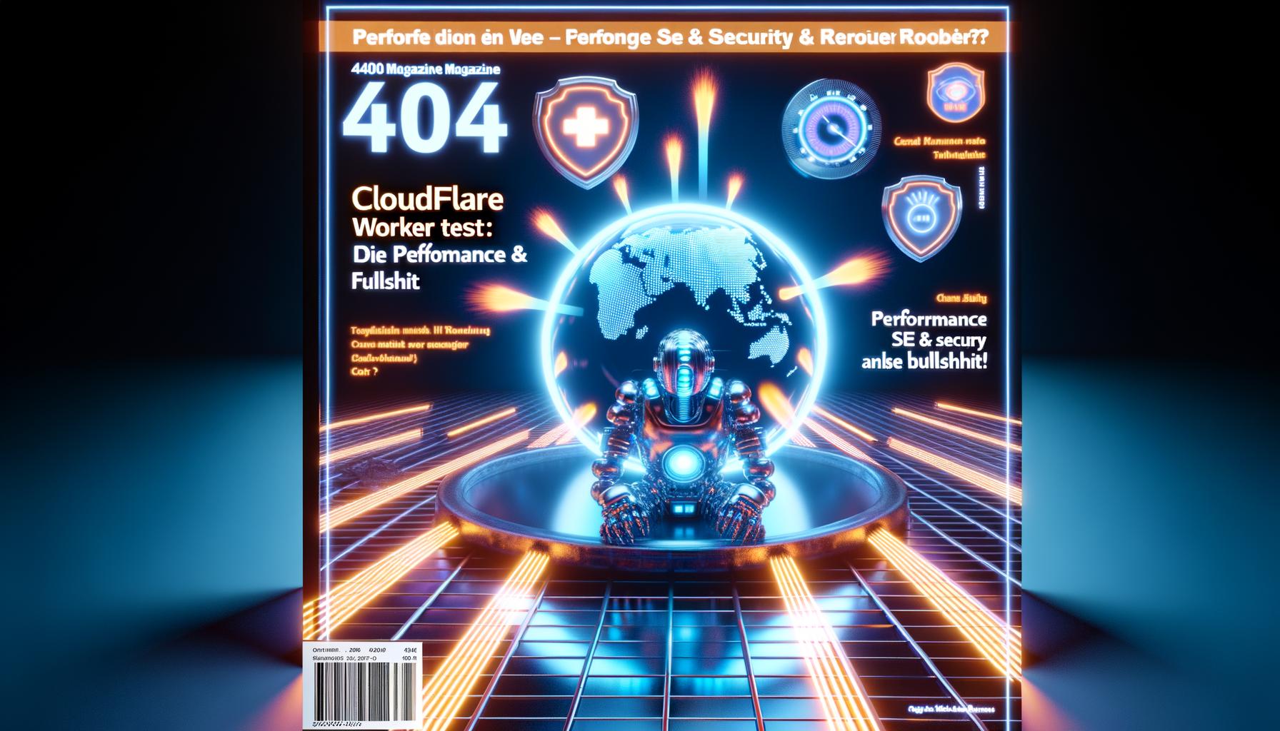 Cloudflare Worker als futuristischer Roboter an einem digitalen Terminal mit Datenströmen, Sicherheitsymbolen und SEO-Grafiken auf einem Magazin-Cover