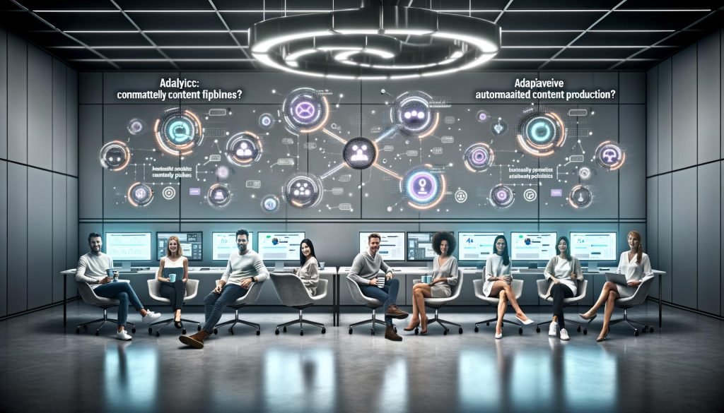 Marketingteam in modernem High-Tech-Büro mit digitalen Dashboards, automatisierten Workflows und Bots, die Inhalte generieren.