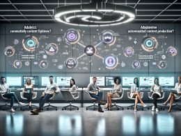 Marketingteam in modernem High-Tech-Büro mit digitalen Dashboards, automatisierten Workflows und Bots, die Inhalte generieren.