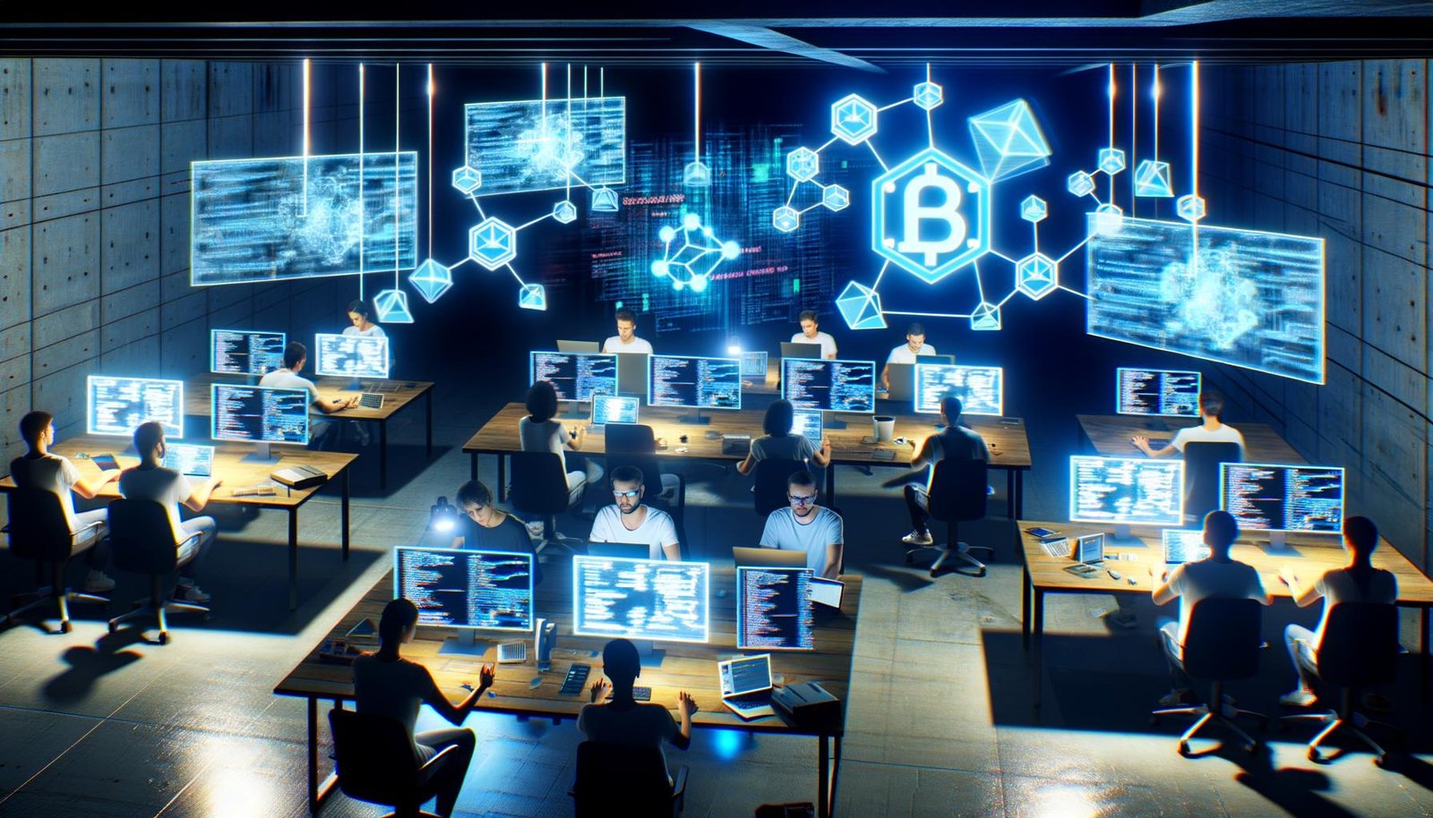 Futuristische Entwickler arbeiten an Laptops mit Code, Blockchain-Diagrammen an digitalen Whiteboards und schwebenden holografischen Interfaces in High-Tech-Atmosphäre.