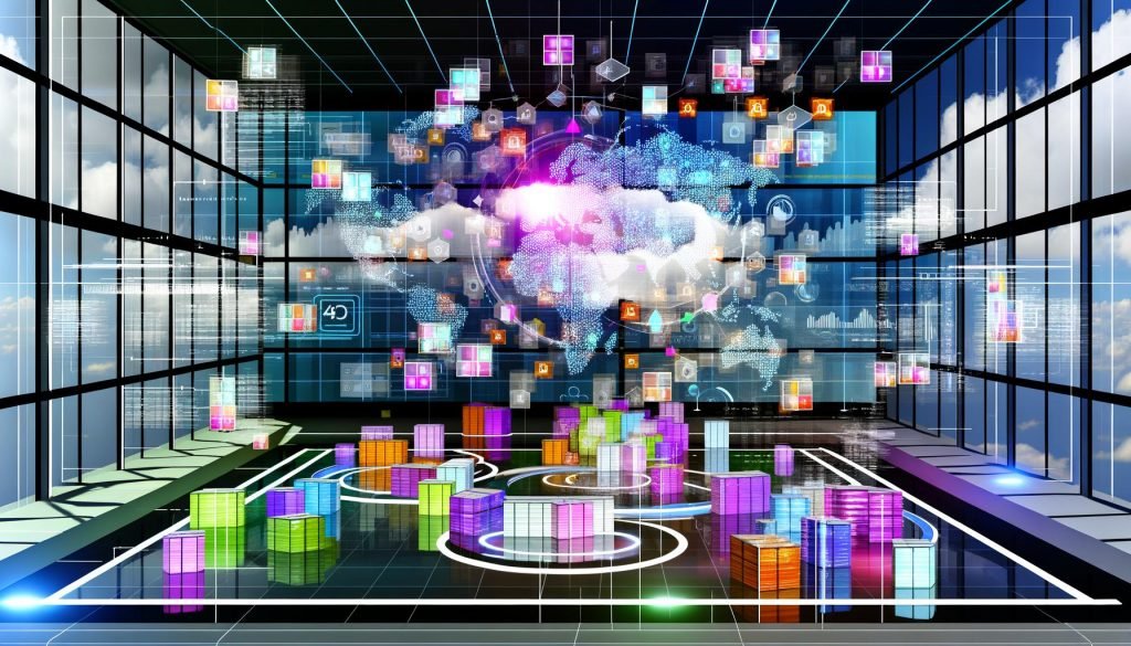 Modernes Titelbild mit leuchtendem CRM-Architekturdiagramm, bunten Data-Streams, vernetzten Servern, Warnsymbolen und Datensilos in abstrakter Büroumgebung.