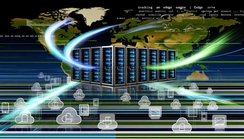 Futuristisches Server-Rack mit leuchtenden Datenflüssen von Laptops und Smartphones über Cloudflare-Symbole zu Servern, im Vordergrund zerbröckelnde alte Cookie- und Analytics-Icons, Hintergrund mit abstrakten Browserfenstern, Szene symbolisiert Geschwindigkeit, Sicherheit und digitale Transparenz.