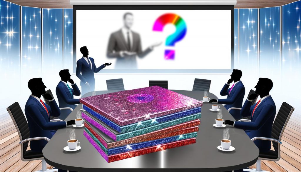 Geschäftsleute um einen Konferenztisch mit perfektem PowerPoint-Deck, bunte Präsentationsfolien, dampfender Kaffee, unscharfer nebliger Hintergrund, skeptische Entscheider im Fokus.