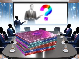 Geschäftsleute um einen Konferenztisch mit perfektem PowerPoint-Deck, bunte Präsentationsfolien, dampfender Kaffee, unscharfer nebliger Hintergrund, skeptische Entscheider im Fokus.