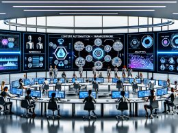 Futuristisches Büro mit vielfältigem Marketing-Team, das vor digitalen Dashboards arbeitet und ein Content Automation Framework nutzt