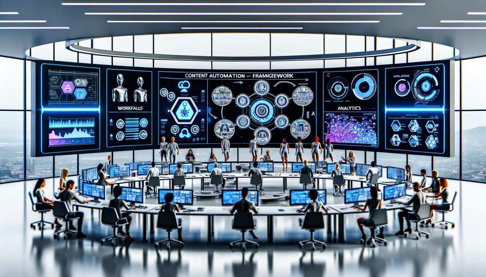 Futuristisches Büro mit vielfältigem Marketing-Team, das vor digitalen Dashboards arbeitet und ein Content Automation Framework nutzt