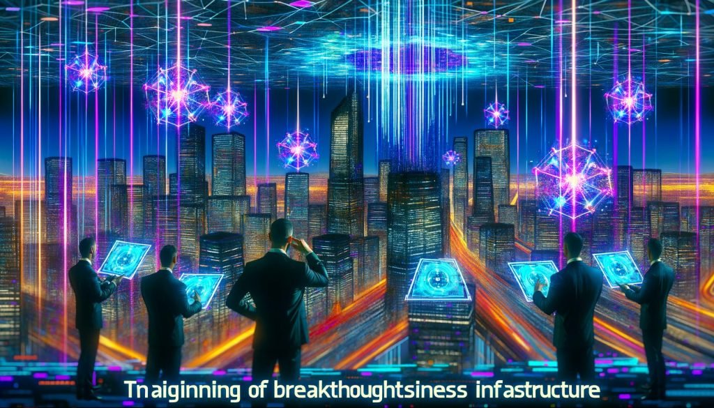 Futuristische Stadt mit Blockchain-Netzwerken, Neon-Lichtern, Geschäftsleuten und Entwicklern vor holografischen Analyse-Dashboards in Cyberpunk-Farben.