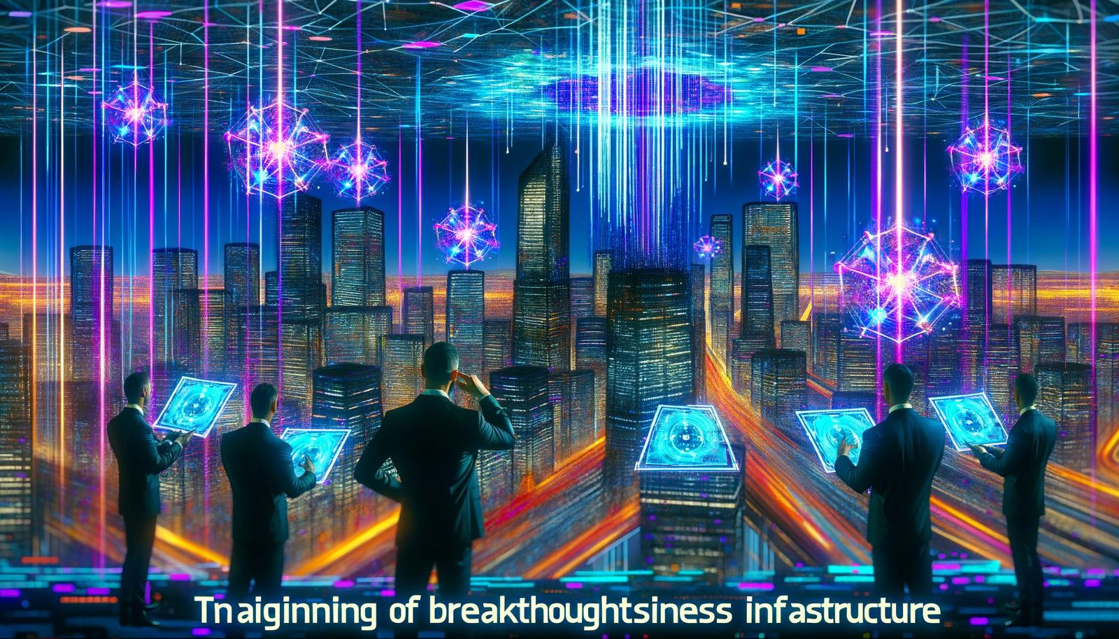 Futuristische Stadt mit Blockchain-Netzwerken, Neon-Lichtern, Geschäftsleuten und Entwicklern vor holografischen Analyse-Dashboards in Cyberpunk-Farben.