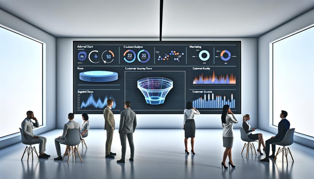 Hochmodernes Büro mit großem CRM-Analytics-Dashboard, das von Marketing- und Vertriebsexperten kritisch betrachtet wird