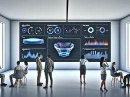 Hochmodernes Büro mit großem CRM-Analytics-Dashboard, das von Marketing- und Vertriebsexperten kritisch betrachtet wird