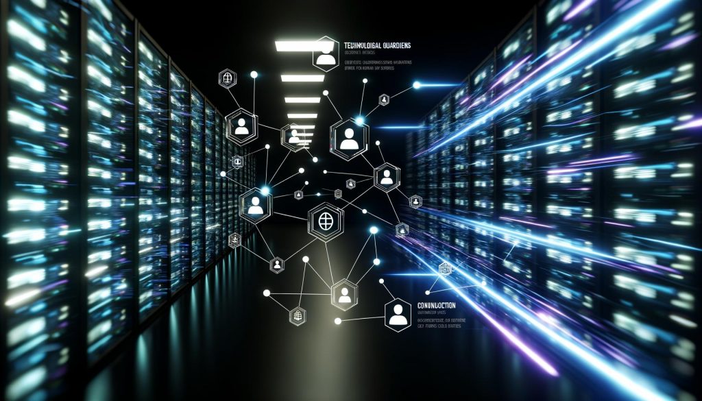 Futuristischer Serverraum bei Nacht mit leuchtenden Datenströmen, Cloudflare Workers als Edge-Nodes, Symbolen für Datensicherheit und Geschwindigkeit in einer digitalen Netzwerklandschaft.