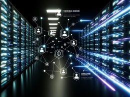 Futuristischer Serverraum bei Nacht mit leuchtenden Datenströmen, Cloudflare Workers als Edge-Nodes, Symbolen für Datensicherheit und Geschwindigkeit in einer digitalen Netzwerklandschaft.