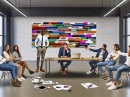 Berater präsentieren im modernen Großraumbüro bunte Folien, während ein Manager mit verschränkten Armen skeptisch daneben sitzt.