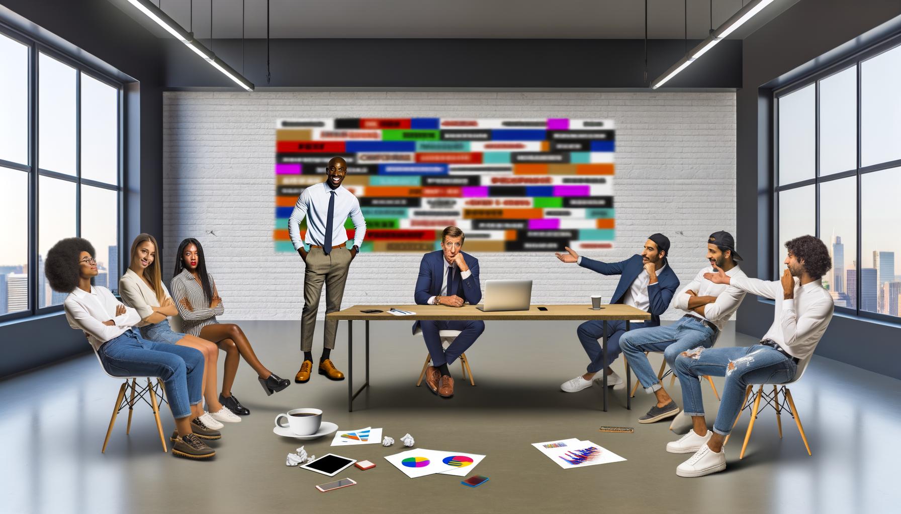 Berater präsentieren im modernen Großraumbüro bunte Folien, während ein Manager mit verschränkten Armen skeptisch daneben sitzt.