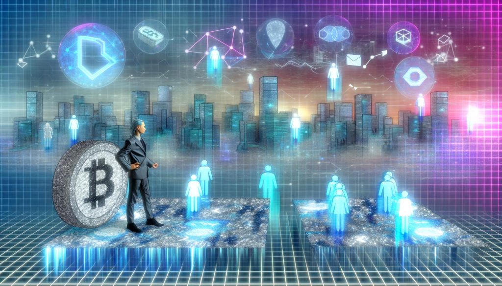 Dynamische Editorial-Illustration: Geschäftsprofi auf Blockchain-Spielfeld zwischen klassischer Finanzwelt und digitalen Symbolen vor futuristischer Skyline.