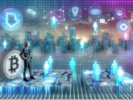 Dynamische Editorial-Illustration: Geschäftsprofi auf Blockchain-Spielfeld zwischen klassischer Finanzwelt und digitalen Symbolen vor futuristischer Skyline.