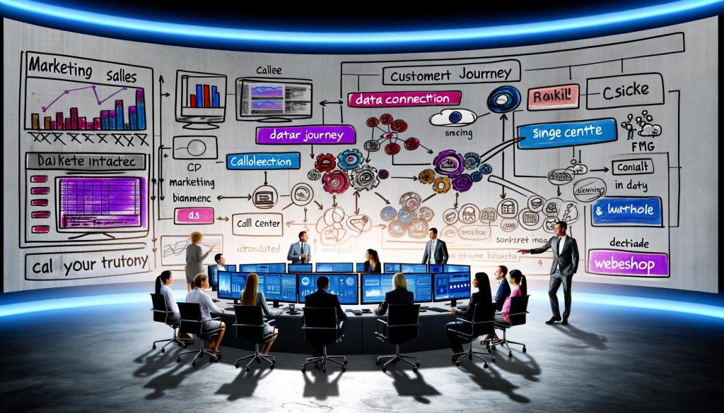 Modernes Büro mit großen Bildschirmen, die komplexe Dashboards und Analysemodelle zeigen, während mehrere Mitarbeiter aus Marketing und Vertrieb vor einem Monitor mit vernetzten Datenströmen diskutieren. Im Hintergrund Whiteboard mit Skizzen zur Datenintegration.