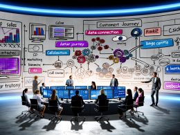 Modernes Büro mit großen Bildschirmen, die komplexe Dashboards und Analysemodelle zeigen, während mehrere Mitarbeiter aus Marketing und Vertrieb vor einem Monitor mit vernetzten Datenströmen diskutieren. Im Hintergrund Whiteboard mit Skizzen zur Datenintegration.