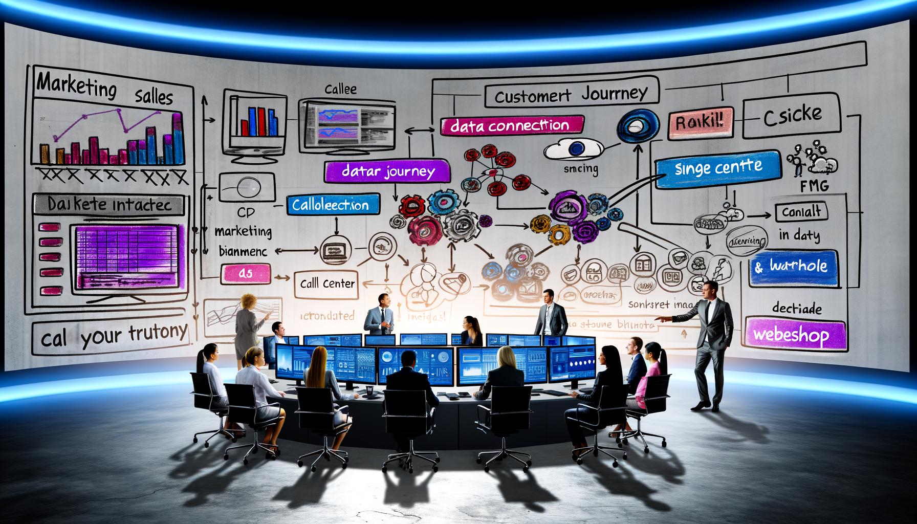 Modernes Büro mit großen Bildschirmen, die komplexe Dashboards und Analysemodelle zeigen, während mehrere Mitarbeiter aus Marketing und Vertrieb vor einem Monitor mit vernetzten Datenströmen diskutieren. Im Hintergrund Whiteboard mit Skizzen zur Datenintegration.
