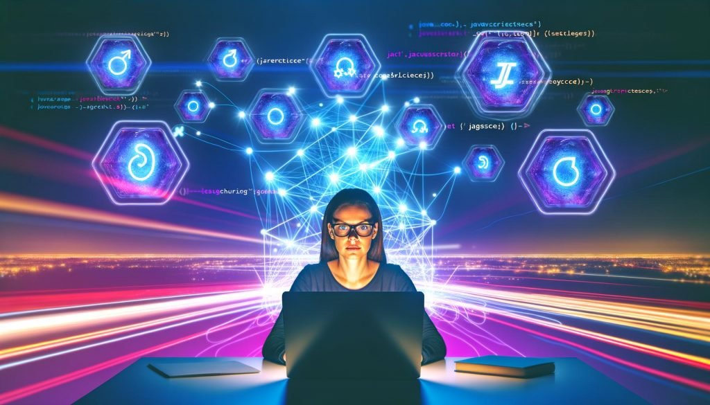 Dynamische Illustration eines Entwicklers vor Laptop an neonbeleuchtetem Arbeitsplatz mit vernetzten Edge-Servern und schwebenden JavaScript-Symbolen im Hintergrund.