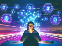 Dynamische Illustration eines Entwicklers vor Laptop an neonbeleuchtetem Arbeitsplatz mit vernetzten Edge-Servern und schwebenden JavaScript-Symbolen im Hintergrund.