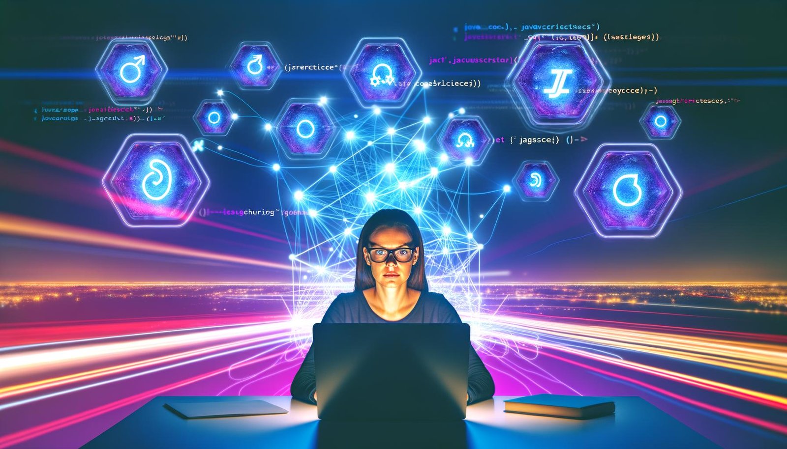 Dynamische Illustration eines Entwicklers vor Laptop an neonbeleuchtetem Arbeitsplatz mit vernetzten Edge-Servern und schwebenden JavaScript-Symbolen im Hintergrund.