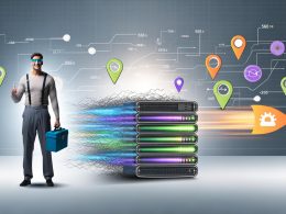 IT-Spezialist steht mit Laptop und Werkzeugkoffer vor einem futuristischen, blitzenden Hochgeschwindigkeitsserver. Im Hintergrund sind SEO-Symbole wie Ranking-Pfeil, Schloss, Standort-Pin und IP-Blöcke erkennbar.