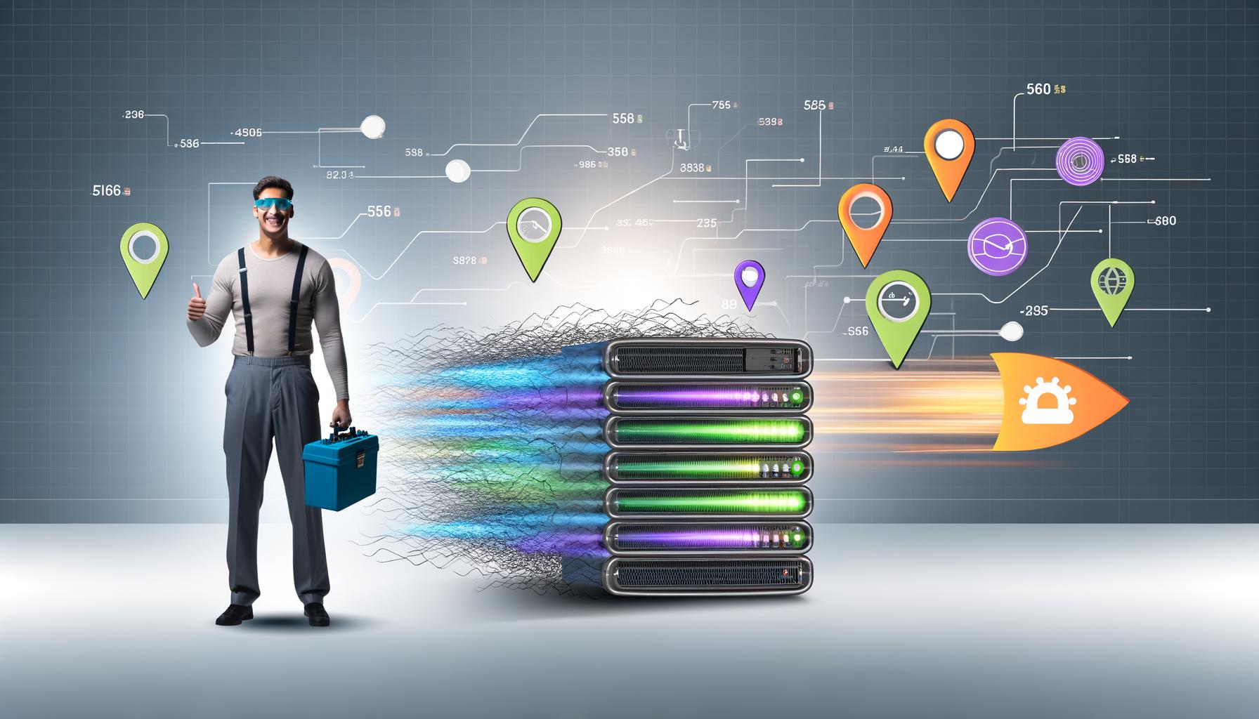 IT-Spezialist steht mit Laptop und Werkzeugkoffer vor einem futuristischen, blitzenden Hochgeschwindigkeitsserver. Im Hintergrund sind SEO-Symbole wie Ranking-Pfeil, Schloss, Standort-Pin und IP-Blöcke erkennbar.