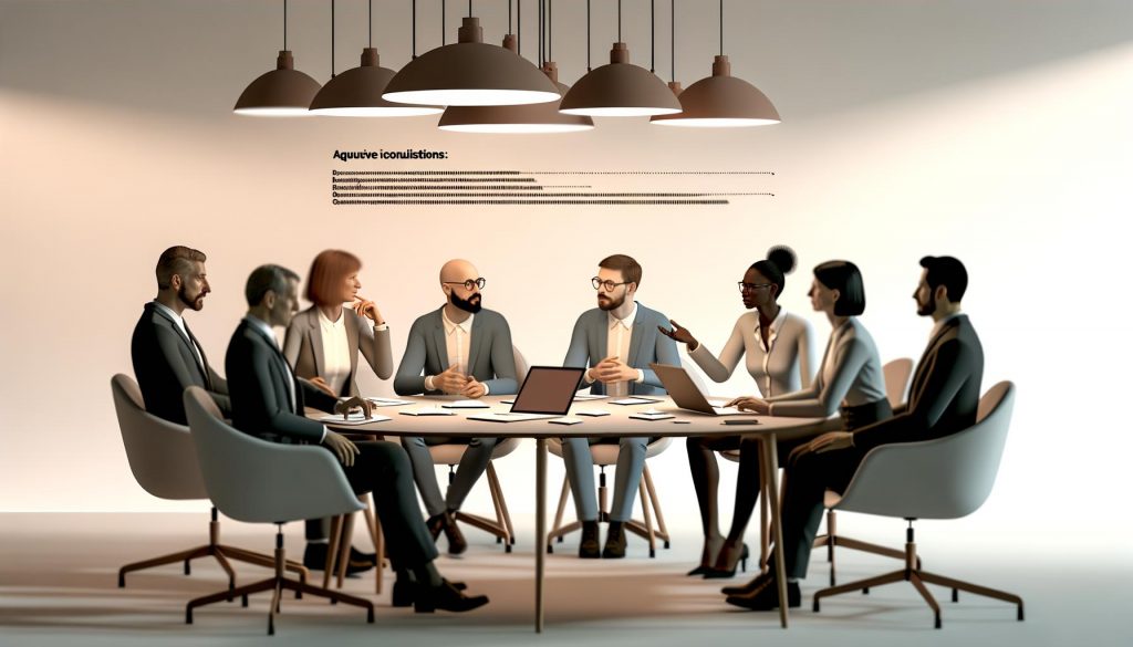 Führungskräfte und Beraterin im tiefgehenden Gespräch an einem minimalistischen Tisch in einem modernen Büro ohne technische Geräte oder Dokumente