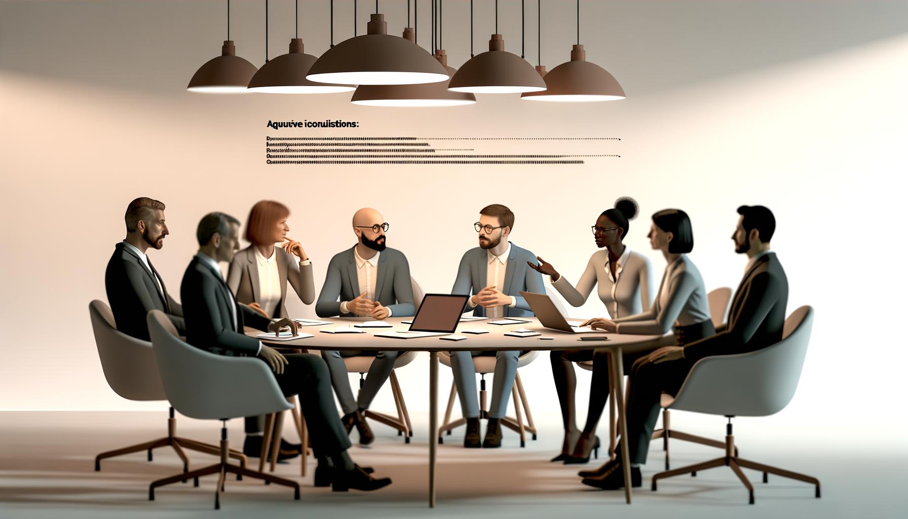 Führungskräfte und Beraterin im tiefgehenden Gespräch an einem minimalistischen Tisch in einem modernen Büro ohne technische Geräte oder Dokumente