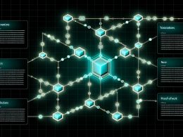 Modernes Schaubild einer Blockchain mit leuchtenden Blöcken, verbundenen Server-Nodes und Fachbegriffen wie Hash, Merkle Root und Proof-of-Work im Hightech-Design.
