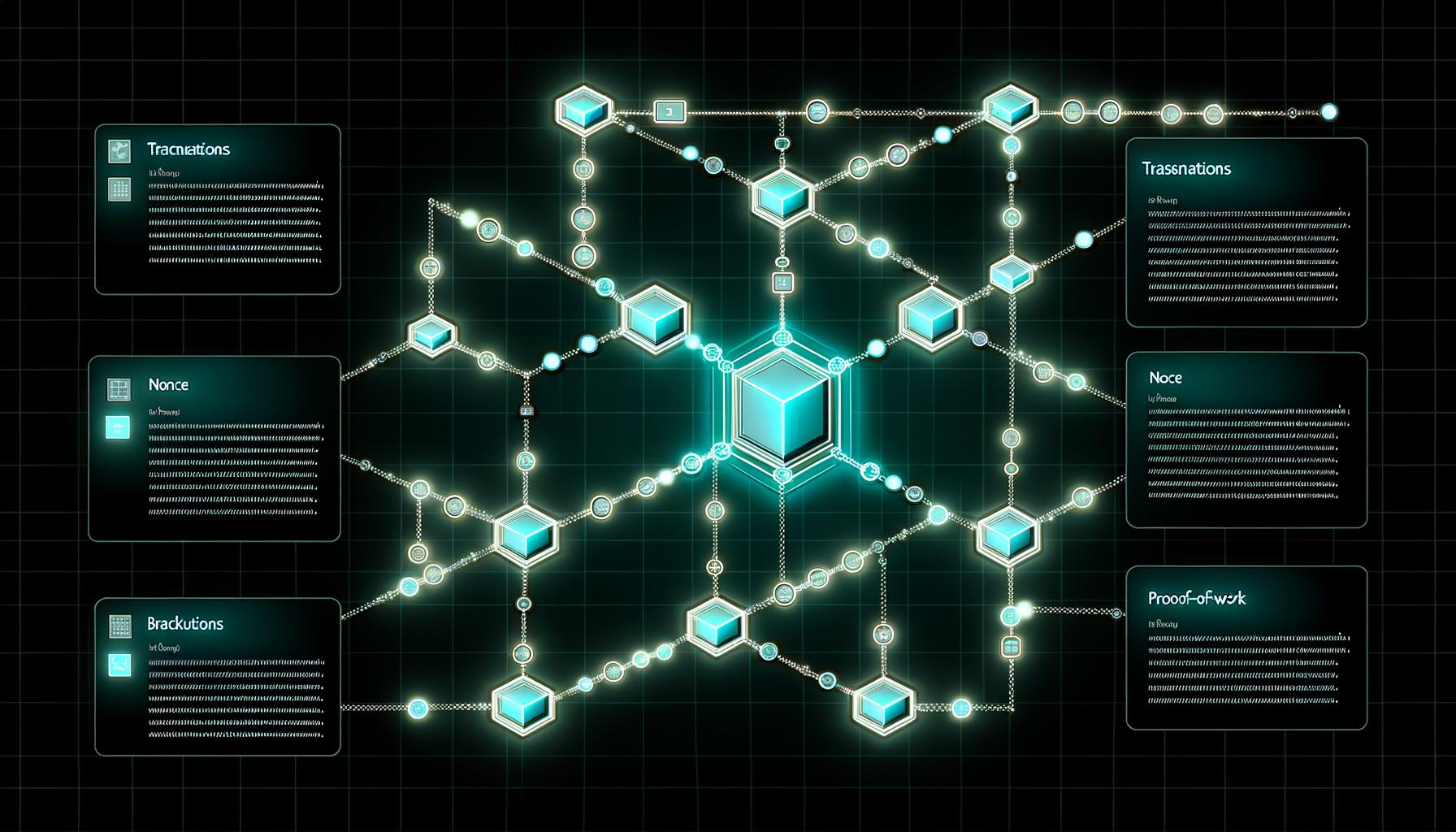 Modernes Schaubild einer Blockchain mit leuchtenden Blöcken, verbundenen Server-Nodes und Fachbegriffen wie Hash, Merkle Root und Proof-of-Work im Hightech-Design.