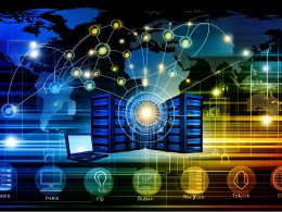 Futuristische Visualisierung von Datenströmen einer Website, die von einem Zentralserver über Edge-Server in globale Städte wie Paris, Warschau, Dubai, New York und Tokio verteilt werden, mit Core Web Vitals und SEO-Elementen.