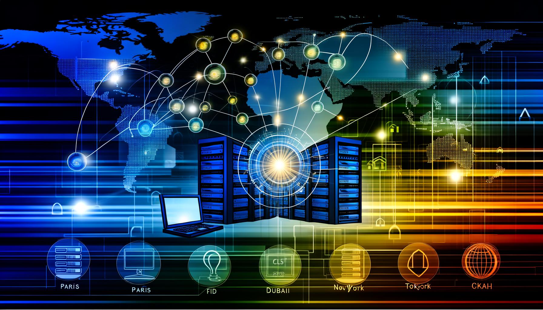 Futuristische Visualisierung von Datenströmen einer Website, die von einem Zentralserver über Edge-Server in globale Städte wie Paris, Warschau, Dubai, New York und Tokio verteilt werden, mit Core Web Vitals und SEO-Elementen.