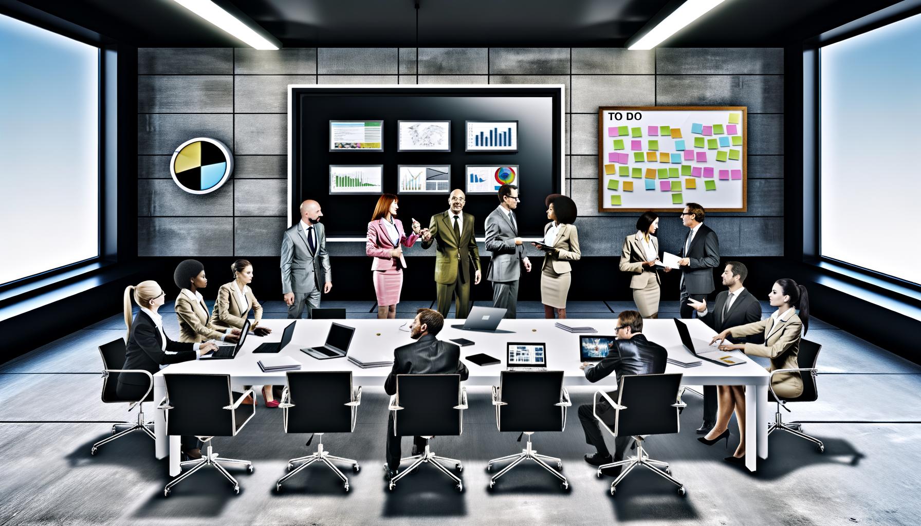 Satireszene eines modernen Büros mit Beratern, die an einem überladenen Tisch voller Laptops und Berichte sitzen, ermüdet und frustriert vor prall gefüllten To-Do-Listen und leeren Ergebnisspalten.