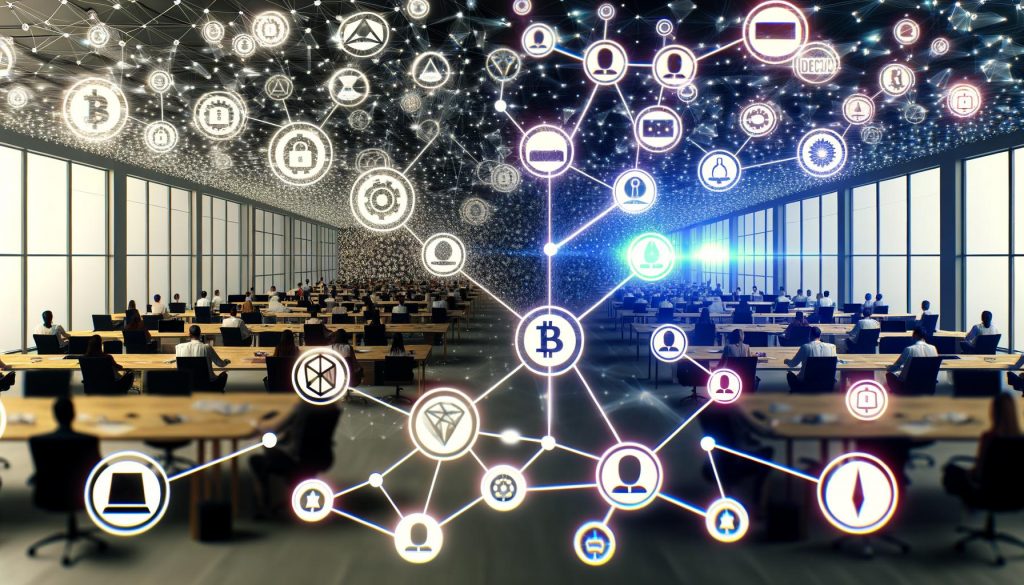 Futuristisch geteiltes Büro: Links chaotische Plattformen wie Amazon, Facebook und Google, rechts digitales Blockchain-Ökosystem mit offenen Nodes, Smart Contracts und vernetzten Usern, getrennt durch leuchtende Knotenpunkte.