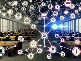 Futuristisch geteiltes Büro: Links chaotische Plattformen wie Amazon, Facebook und Google, rechts digitales Blockchain-Ökosystem mit offenen Nodes, Smart Contracts und vernetzten Usern, getrennt durch leuchtende Knotenpunkte.