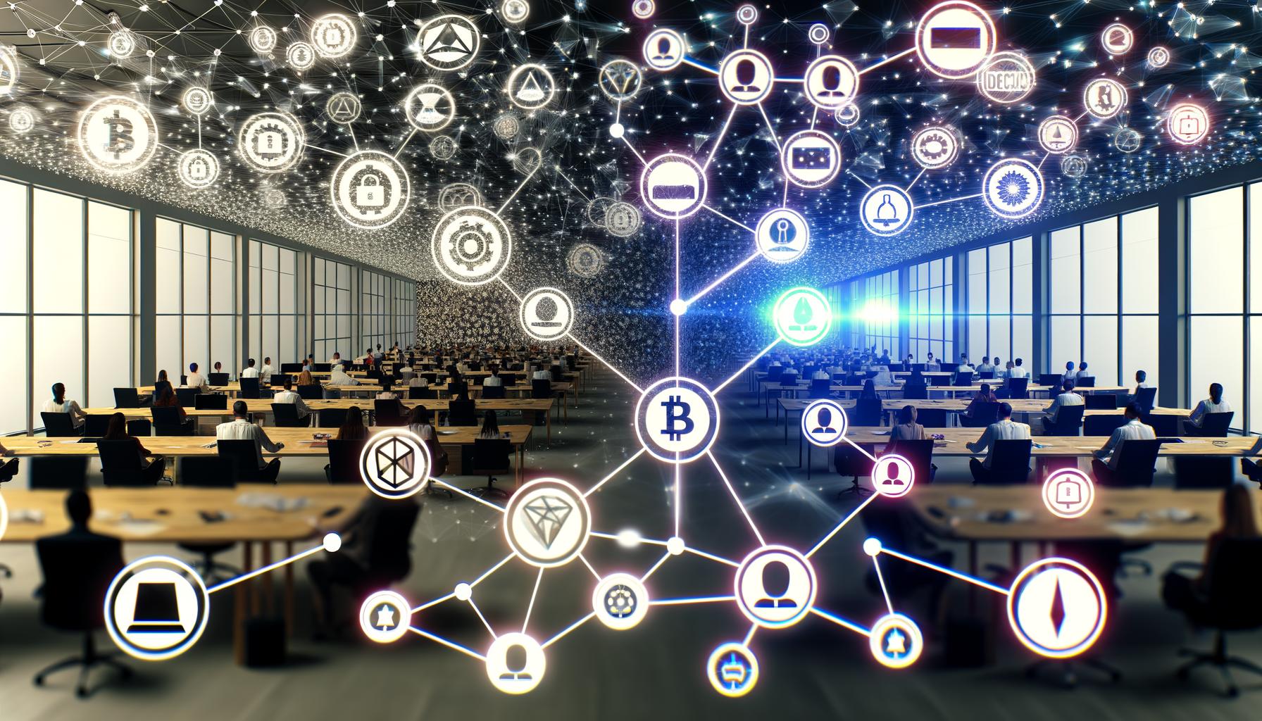 Futuristisch geteiltes Büro: Links chaotische Plattformen wie Amazon, Facebook und Google, rechts digitales Blockchain-Ökosystem mit offenen Nodes, Smart Contracts und vernetzten Usern, getrennt durch leuchtende Knotenpunkte.