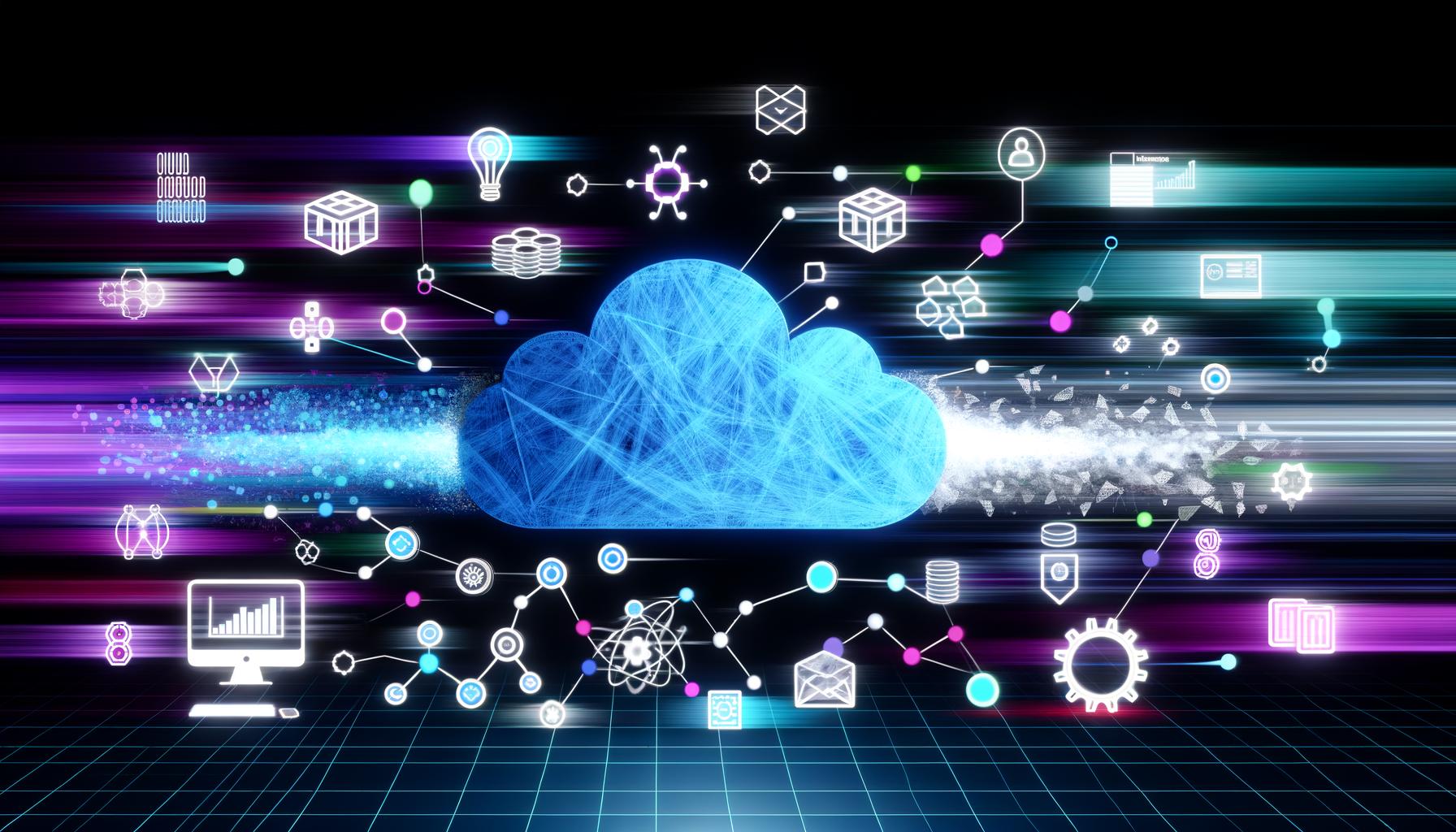 Moderne digitale Illustration mit abstrahierter Cloud, Container- und Orchestrierungssymbolen, Microservices-Blöcken, Codezeilen, Monitoringanzeigen und Zahnrädern auf dunklem techy Hintergrund.