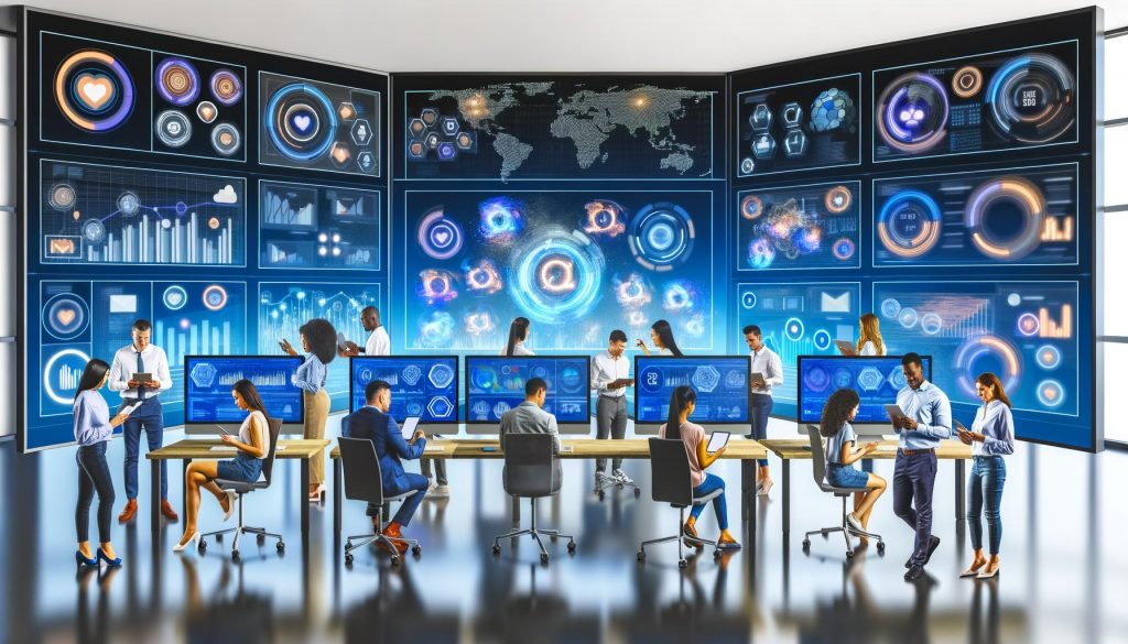 Modernes Büro mit mehreren Monitoren und großen interaktiven CRM-Dashboards, Team arbeitet konzentriert mit Tablets an digitalen Analysen umgeben von abstrakten Datenvisualisierungen.