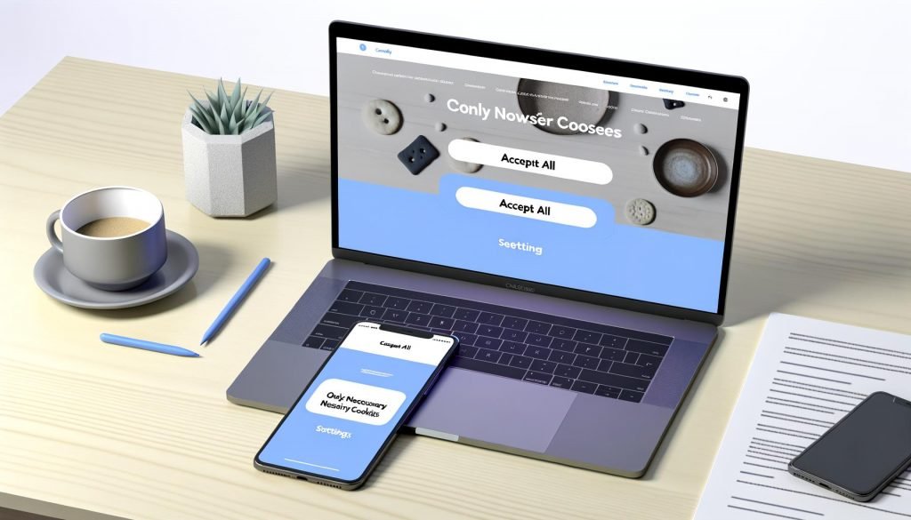 Laptop und Smartphone auf einem Holztisch mit moderner Website, die ein benutzerfreundliches Cookie-Banner in Blau und Weiß zeigt. Neben den Geräten liegen eine Tasse Kaffee und einige Papiere.