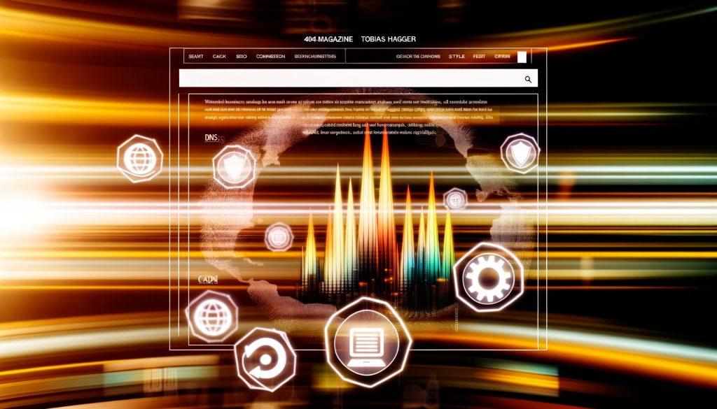 Dramatisches Cloudflare-Dashboard mit farbigen SEO- und Ladezeit-Grafiken, vernetzten Sicherheits-Icons und Datenströmen im Hintergrund.