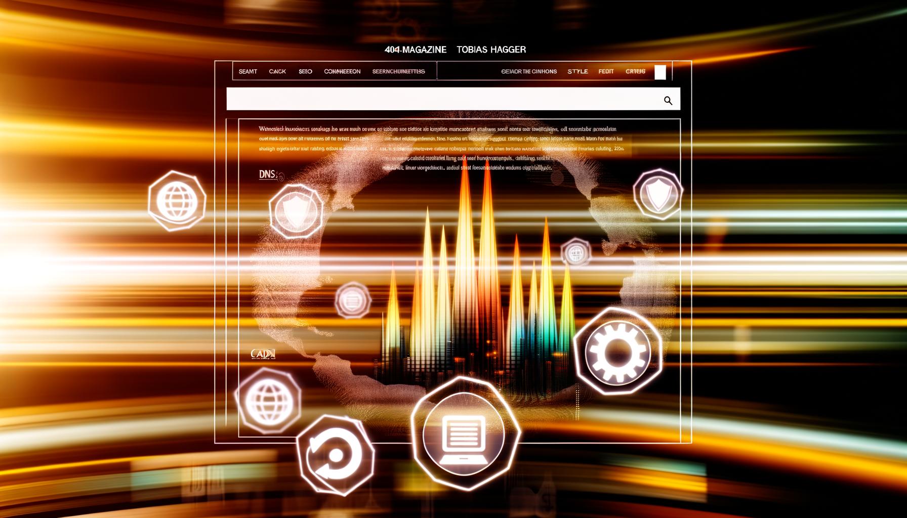Dramatisches Cloudflare-Dashboard mit farbigen SEO- und Ladezeit-Grafiken, vernetzten Sicherheits-Icons und Datenströmen im Hintergrund.