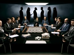 Düstere politische Szene mit Politikern, Beratern und Lobbyisten an einem Schachbrett mit Akten, Geldscheinen und Masken, im Hintergrund Schatten, die Informationen austauschen.