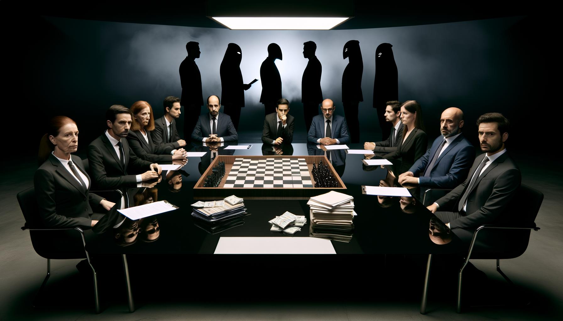 Düstere politische Szene mit Politikern, Beratern und Lobbyisten an einem Schachbrett mit Akten, Geldscheinen und Masken, im Hintergrund Schatten, die Informationen austauschen.