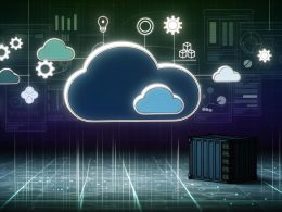 Abstrakte Grafik mit Wolken, Zahnrädern, digitalen Containern für Kubernetes, Docker und CI/CD, verbunden durch leuchtende Linien und einem dunklen, alten Server im Hintergrund.